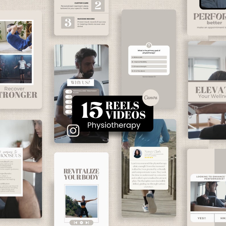 Puede incluir: Un collage de im&aacute;genes que promocionan los servicios de fisioterapia. Las im&aacute;genes muestran a personas haciendo ejercicio, un terapeuta y texto que destaca los beneficios de la fisioterapia, como "Recuperarse m&aacute;s fuerte", "Revitalizar tu cuerpo" y "Elevar tu bienestar". El texto "15 Reels Videos" se muestra de forma prominente en un c&iacute;rculo con un icono de c&aacute;mara.
