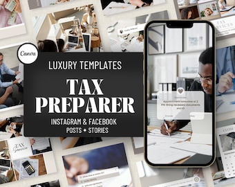 Könnte beinhalten: Eine Sammlung von Social-Media-Vorlagen für ein Steuerberatungsbüro. Die Vorlagen zeichnen sich durch ein Schwarz-Weiß-Farbschema mit goldenen Akzenten aus. Der Text "LUXURY TEMPLATES" und "TAX PREPARER" wird in Fettschrift angezeigt. Die Vorlagen sind für Instagram- und Facebook-Posts und -Stories konzipiert.