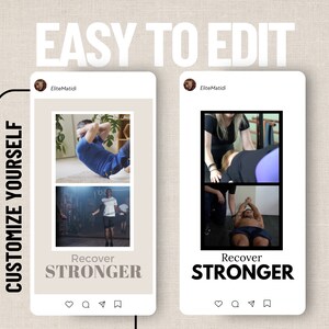 Puede incluir: Dos publicaciones de Instagram con fondo blanco y borde marr&oacute;n. La publicaci&oacute;n superior muestra a un hombre haciendo abdominales y a un hombre saltando a la cuerda. La publicaci&oacute;n inferior muestra a una mujer recibiendo un masaje de espalda y a un hombre haciendo un estiramiento de espalda. Ambas publicaciones tienen el texto "Recover STRONGER" y el nombre de usuario de Instagram "EliteMatidi".