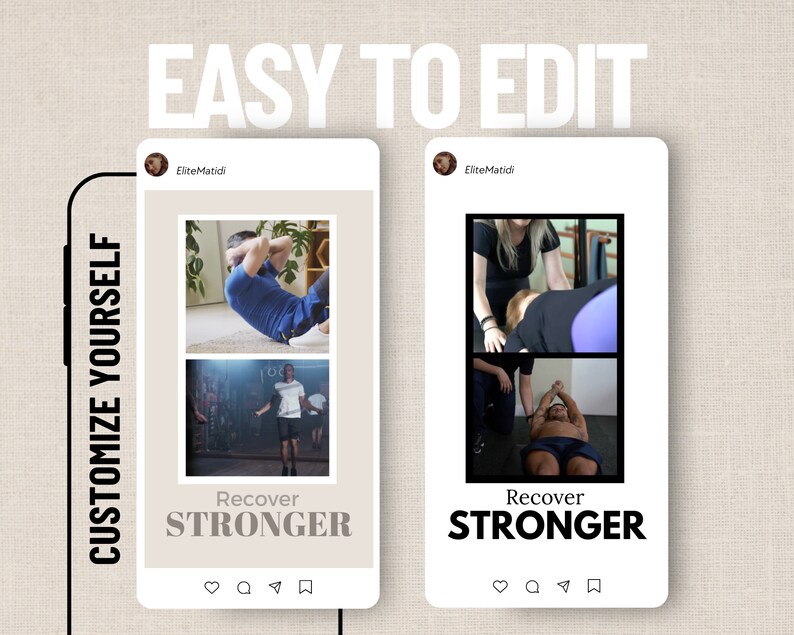 Puede incluir: Dos publicaciones de Instagram con fondo blanco y borde marr&oacute;n. La publicaci&oacute;n superior muestra a un hombre haciendo abdominales y a un hombre saltando a la cuerda. La publicaci&oacute;n inferior muestra a una mujer recibiendo un masaje de espalda y a un hombre haciendo un estiramiento de espalda. Ambas publicaciones tienen el texto "Recover STRONGER" y el nombre de usuario de Instagram "EliteMatidi".