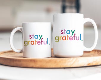 Mok Blijf dankbaar – koffiekopje positieve bevestiging, dankbaarheidsmok, mindfulnesscadeau, kleurrijke typografiemok, inspirerende citaatmok