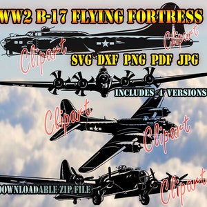 Puede incluir: Silueta en blanco y negro de un avión B-17 Flying Fortress de la Segunda Guerra Mundial. La imagen incluye cuatro versiones del avión en diferentes posiciones. El texto "WW2 B-17 FLYING FORTRESS" está en la parte superior de la imagen. El texto "SVG DXF PNG PDF JPG" está debajo del avión. El texto "INCLUDES 4 VERSIONS" está debajo del avión. El texto "DOWNLOADABLE ZIP FILE" está en la parte inferior de la imagen.