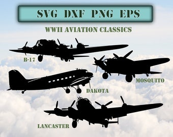 WW2 Aircraft. Aviation Classics, 4 aircraft in SVG DXF PNG Eps file format. Clip Art. stencil. Cut file. Own original art.