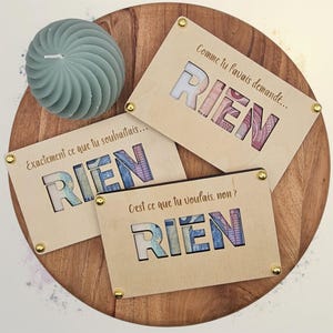 Carte en bois "RIEN" personnalisable - 3 modèles humour français - 14 x 9 cm tilleul gravé -  Cadeau original - Anniversaire - Noël...