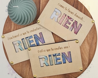 Carte en bois "RIEN" personnalisable - 3 modèles humour français - 14 x 9 cm tilleul gravé -  Cadeau original - Anniversaire - Noël...