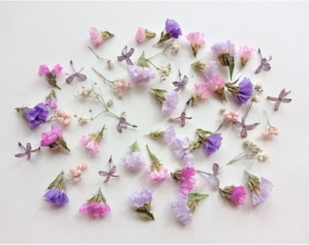 Tiny pink flower mix 50ml box, Mini purple flower set, Small dried flowers for resin