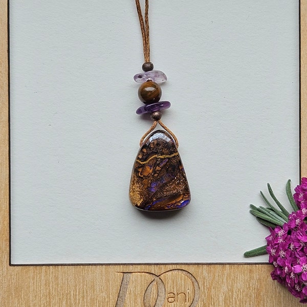 Boulder opal meets amethyst and boulder opal pearl, noble pendant as a necklace