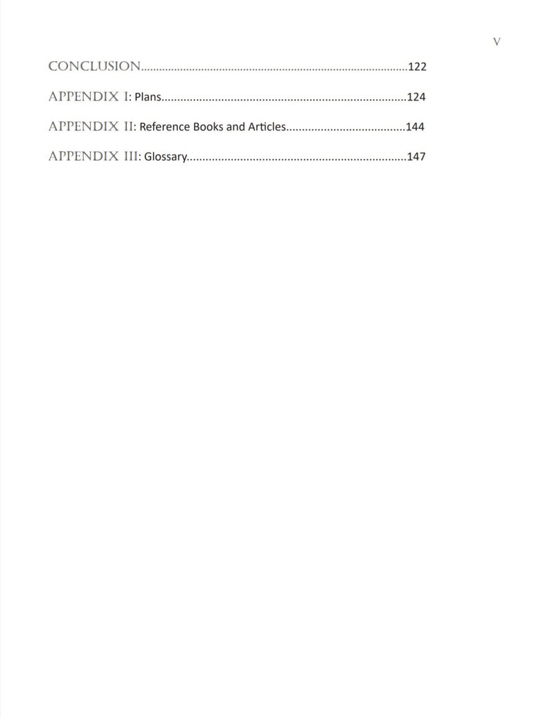K&ouml;nnte beinhalten: Inhaltsverzeichnis eines Buches mit Kapitel&uuml;berschriften und Seitenzahlen. Die Kapitel umfassen Schlussfolgerung, Anhang I: Pl&auml;ne, Anhang II: Referenzb&uuml;cher und Artikel und Anhang III: Glossar.