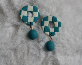 Blue and white checkerboard earrings with pearl