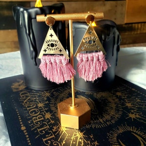 Boho Gothic Gold Brass Eye Tassel Macramé Stud Earrings