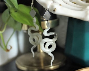 White Marble Resin Snake Dangle Earrings