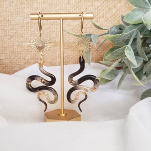 Black and Gold Sun Snake Earrings with Brass