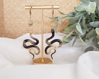 Black and Gold Sun Snake Earrings with Brass