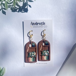 Botanical Bookshelf Huggies | Polymer Clay Earrings | Jewelry for Readers | Boho Earrings | Huggie Hoops | Cottagecore | Plant earrings