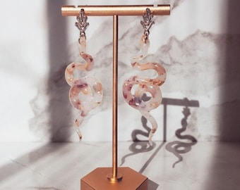 Romantic Rose and Gold Resin Milk Bath Snake Earrings