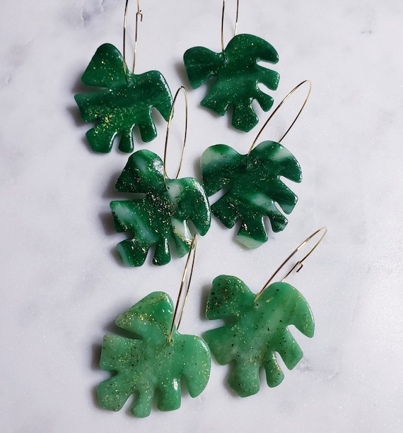 Polymer Clay Monstera Leaf Hoop Earrings