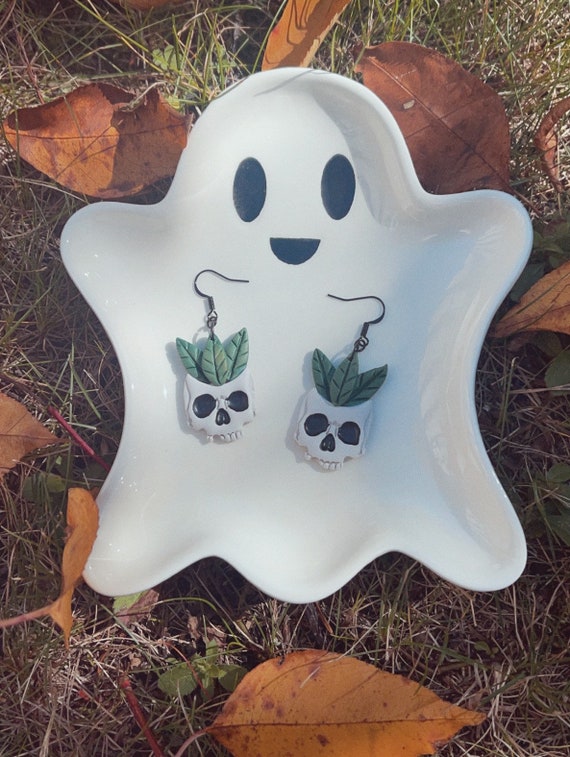 Gothic Skull Planter Botanical Polymer Clay Dangle Earrings