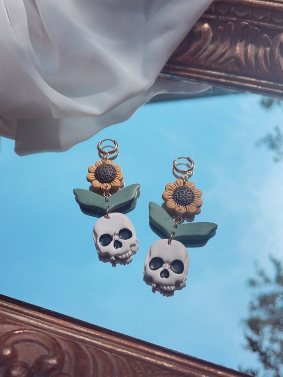 Gothic Sunflower / Floral Skull Polymer Clay Dangle Huggie Hoop Earrings
