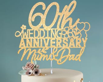Glittertaarttopper 60-jarig huwelijk: gepersonaliseerde mama en papa