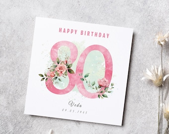 Personalized 80th Birthday Card, Rose Pink Floral, For Mum, Granny, Nanny