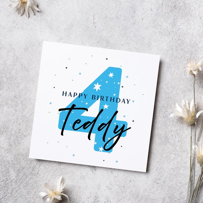 Personalised Boys 4th Birthday Card, Blue Stars (Custom Name) image 7