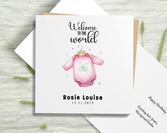 Personalised New Baby Girl Card: Pink Bodysuit & Booties, Welcome to the World