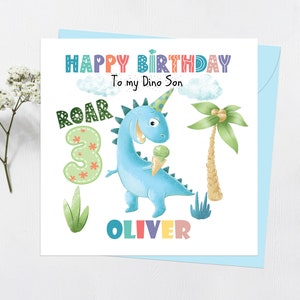 Dinosaurus 3e verjaardagskaart jongen, gepersonaliseerde derde verjaardagskaart, gepersonaliseerde 3e verjaardag, Dino Card, Dinosaur Card
