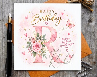 Personalised Birthday Card: Custom Name & Initial, Pink Floral Butterfly Design