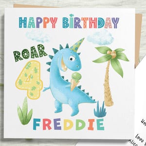 Biglietto di auguri per il 4° compleanno di un dinosauro, biglietto di auguri personalizzato per il 4° compleanno, biglietto di auguri personalizzato per il 4° compleanno, biglietto di dinosauro, biglietto di dinosauro