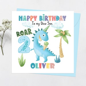 Garçon de carte d'anniversaire de dinosaure 2ème, carte de deuxième anniversaire personnalisée, anniversaire 2d personnalisé, carte de Dino, carte de dinosaure