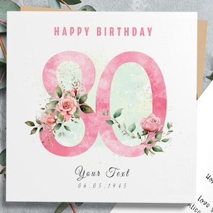 Carte d'anniversaire 80e anniversaire pour maman avec motif floral rose rose, carte grand-mère et nounou