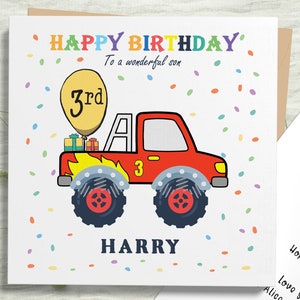 Cartão de aniversário personalizado do Monster Truck Neto 1º 2º 3º 4º 5º 6º 7º 8º Cartão de aniversário