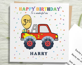 Personalised Monster Truck Birthday Card: Custom Name and Age