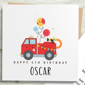 Biglietto di auguri per il 4° compleanno del camion dei pompieri per il figlio, biglietto di auguri per il compleanno del camion dei pompieri, biglietto di auguri di buon compleanno per il nipote