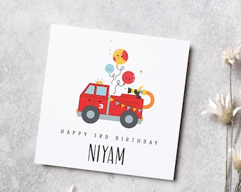 Biglietto di auguri di compleanno per bambini piccoli (2 anni) con camion dei pompieri, personalizzato