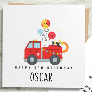 Fire Engine 3ème carte d'anniversaire pour fils, carte d'anniversaire de camion de pompier, carte de joyeux anniversaire pour petit-fils