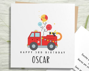 Fire Engine 3rd Birthday Card for Son, Fire Truck Birthday Card, Happy Birthday Card for Grandson