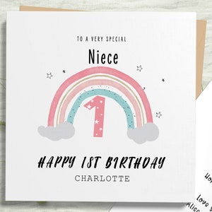 Sobrina 1ra tarjeta de cumpleaños del arco iris, primera tarjeta de cumpleaños