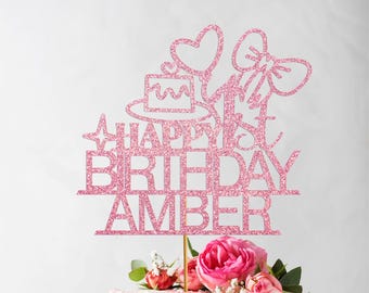 Personalised 1st Birthday Cake Topper Girl: Glitter Papercut