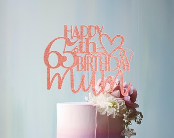 Personalised 65th Birthday Cake Topper for Mum: Custom Name, Glitter Cardstock