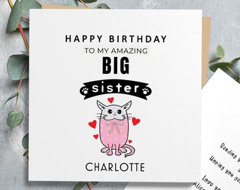 Funny Sister Birthday Card, Big Sister Birthday Card, Cat Birthday Card