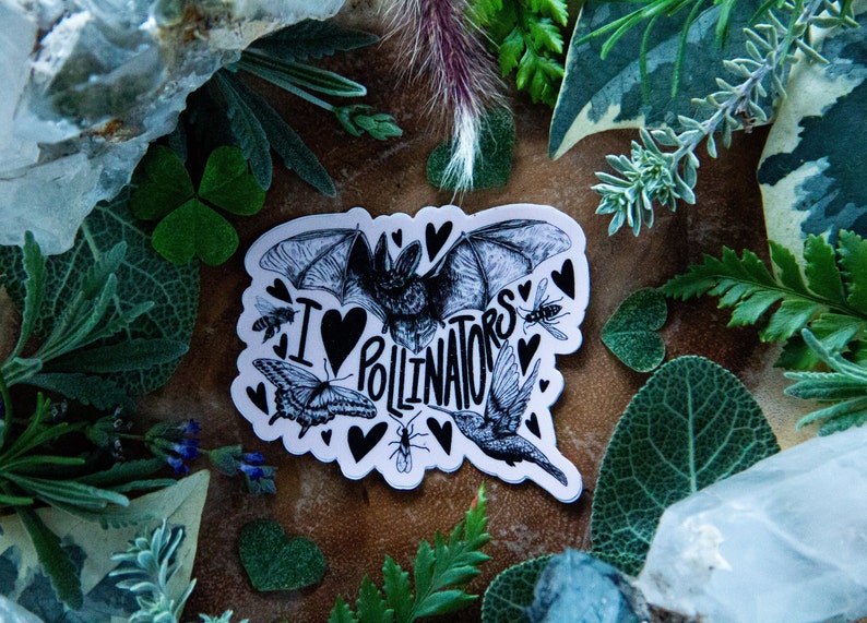 May include: A white sticker with a black and white illustration of a bat, butterfly, hummingbird, and bee. The sticker says "I love pollinators" with a heart in place of the "O".