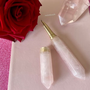 Canetas de cristal de manifestação | Caneta de quartzo rosa | Canetas de cristal natural recarregáveis | Caneta milagrosa | Presente de diário | Lei da atração