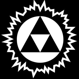 May include: A white stylized symbol with a triangular design inside a circle, surrounded by a white jagged starburst shape on a black background.