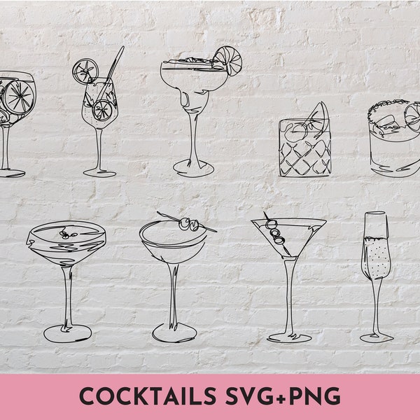 9 Cocktail SVG + PNG bundel Lineart Minimalistische Esthetische Wedding Party Drink Menu Design SVG Cut File voor Cricut, Silhouet, Broer