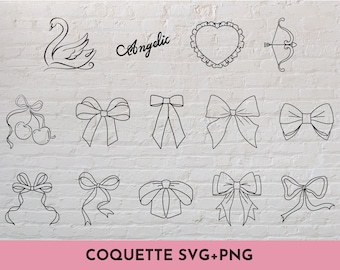 14 Coquette Bows SVG + PNG bundle Lineart Minimalist Girly Aesthetic Feminine Wedding Design SVG Cut File for Cricut, Silhouette, Brother