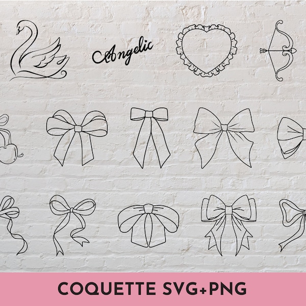 14 Coquette Bows SVG + PNG bundle Lineart Minimalist Girly Aesthetic Feminine Wedding Design SVG Cut File for Cricut, Silhouette, Brother