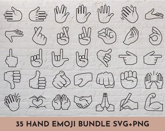35 Hand Sign Emoji SVG + PNG bundel // Iconen, sociale media, print en stickers // SVG Cut File voor Cricut, Silhouette, Brother