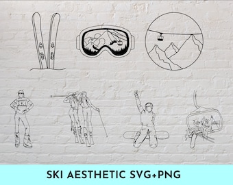 7 Ski and Snowboard Aesthetic SVG + PNG bundle Lineart Minimalist Girly Aesthetic Feminine Design SVG Cut File for Cricut, Silhouette