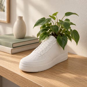 May include: A white sneaker repurposed as a planter, containing a green heart-leaf philodendron plant. The shoe features a classic low-top silhouette with white laces, a perforated toe box, and a thick rubber sole, serving as a unique container.